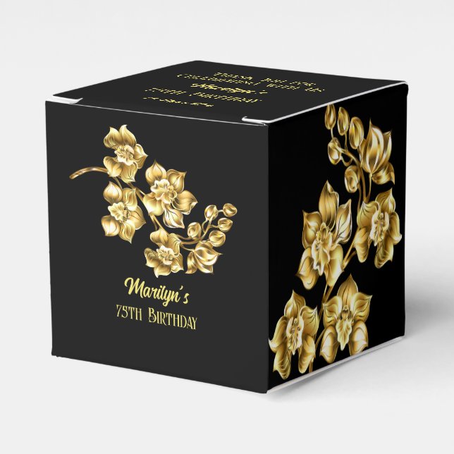 Black and gold flowers birthday party personalized favor boxes (Front Side)