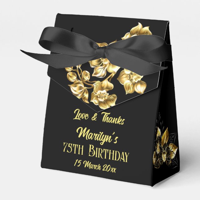 Black and gold flowers birthday party personalized favor boxes (Front Side)