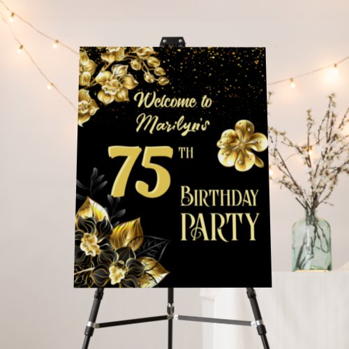 Black and gold flowers birthday party personalized foam board