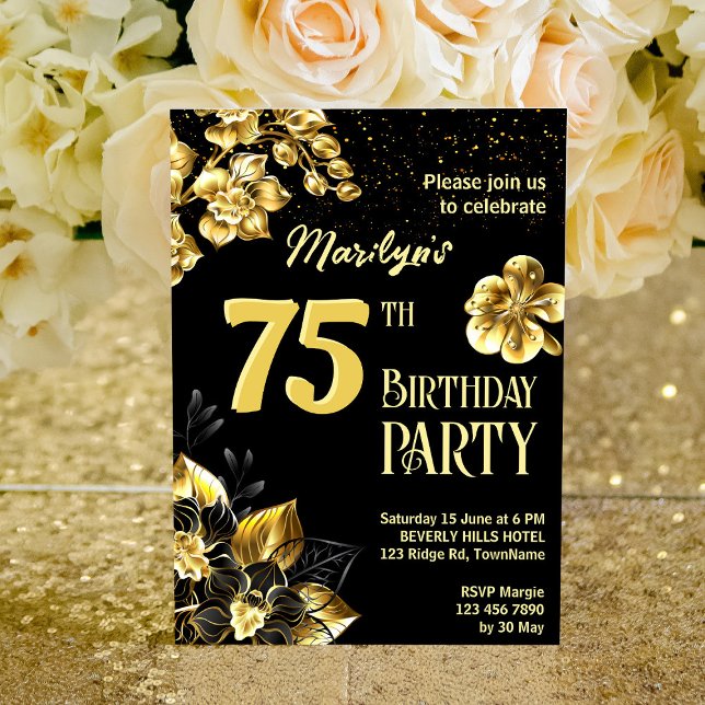 Black and gold flowers birthday party personalized invitation (Creator Uploaded)