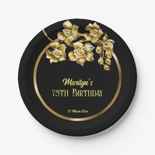 Black and gold flowers birthday party personalized paper plates (Front)