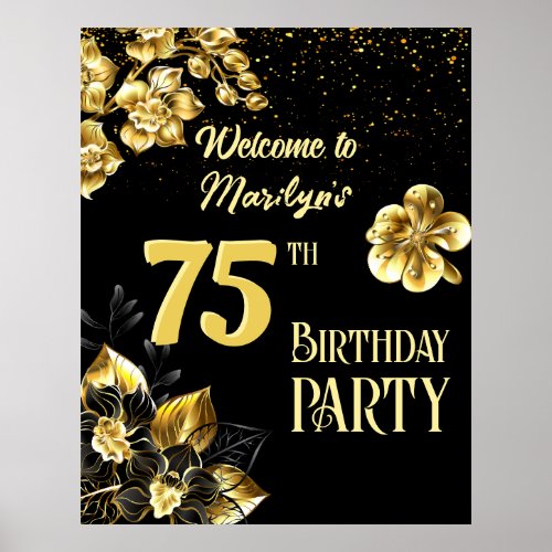 Black and gold flowers birthday party personalized poster