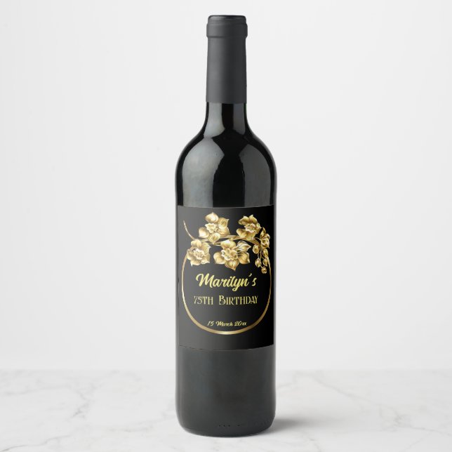 Black and gold flowers birthday party personalized wine label (Front)