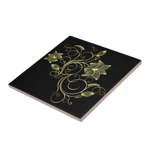 Black and Gold Flowers Ceramic Tile _ Choose Color