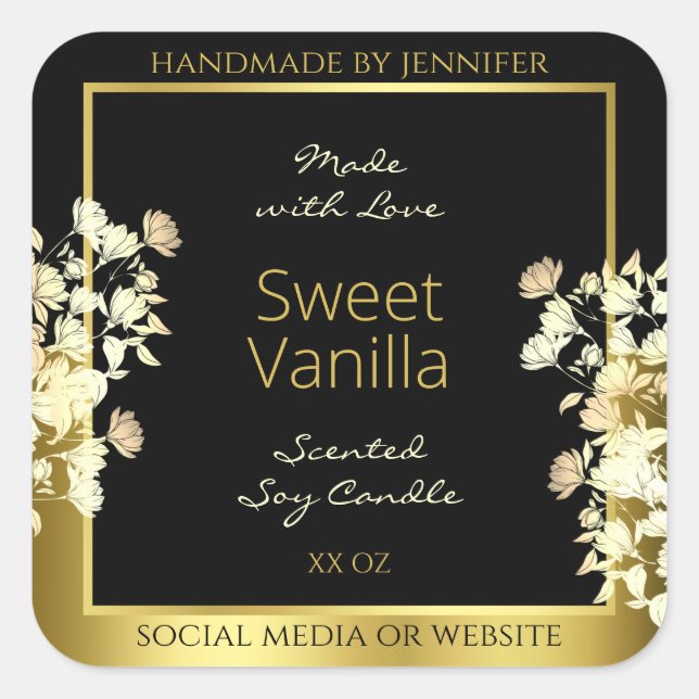 Black and Gold Flowers Product Packaging Labels (Front)