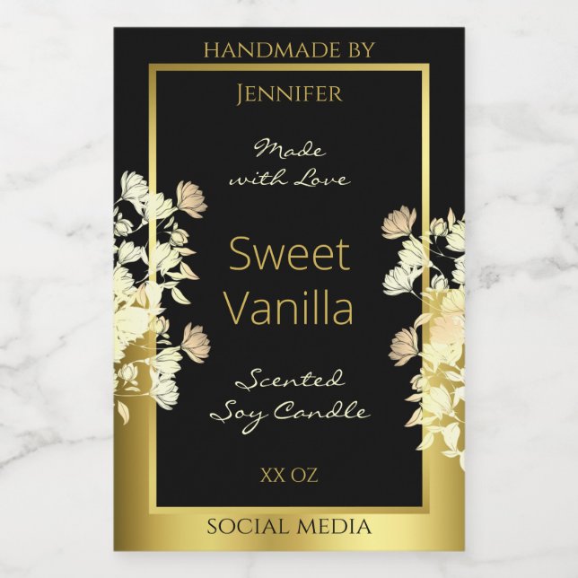 Black and Gold Flowers Product Packaging Labels (Single Label)