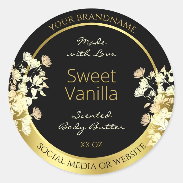 Black and Gold Flowers Product Packaging Labels (Front)