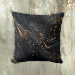 Black and Gold Fluid Marble Throw Pillow