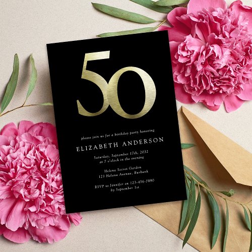 Black and Gold Foil 50th Birthday Invitation