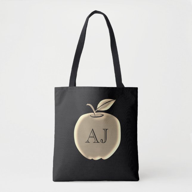 Black and Gold Foil Apple Elegant Monogram Tote Bag (Front)