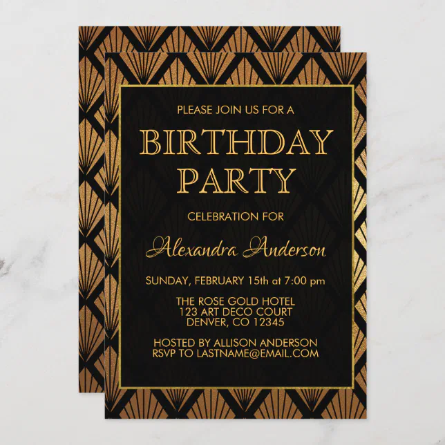 Black And Gold Foil Art Deco Birthday Party Invitation 