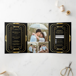 Black and Gold Foil Art Deco Photo Collage Wedding Tri-Fold Invitation