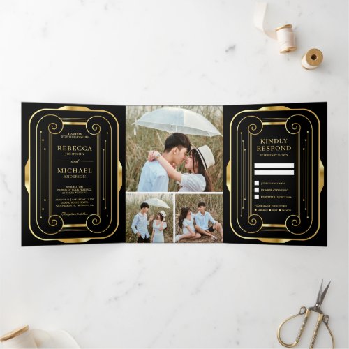 Black and Gold Foil Art Deco Photo Collage Wedding Tri_Fold Invitation