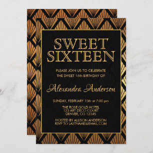 Black and Gold Foil Art Deco Sweet Sixteen Invitation