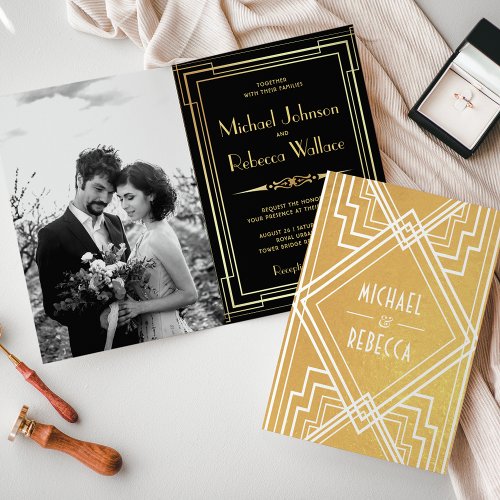 Black and Gold Foil Art Deco Wedding Invitation