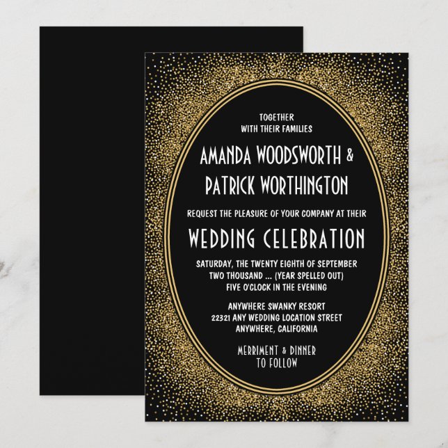 Black and Gold Foil Art Deco Wedding Invitations (Front/Back)
