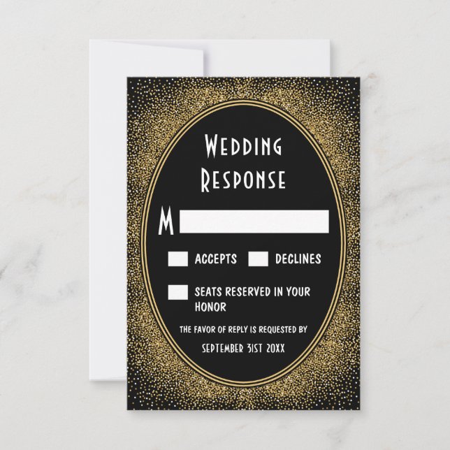 Black and Gold Foil Art Deco Wedding RSVP Cards (Front)