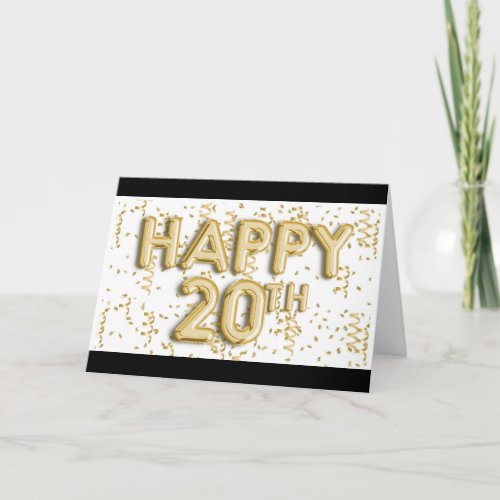 Black and Gold Foil Balloons Happy 20th Birthday Card