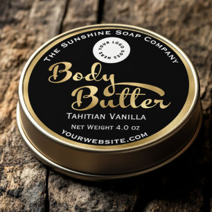 Black and gold foil body butter label with logo