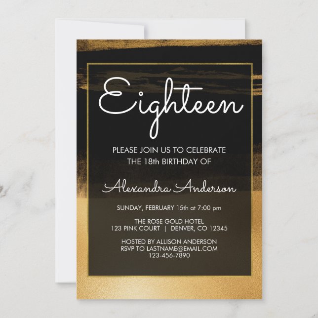 Black and Gold Foil Brush Stroke 18th Birthday Invitation (Front)