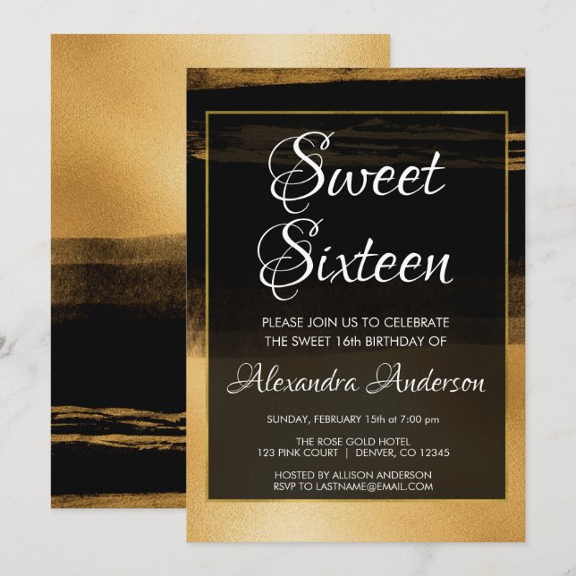 Black and Gold Foil Brush Stroke Sweet 16 Birthday Invitation (Front/Back)