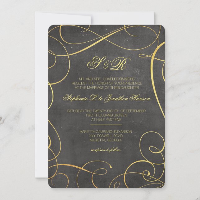 Black and Gold Foil Calligraphy Monogram Invite (Front)