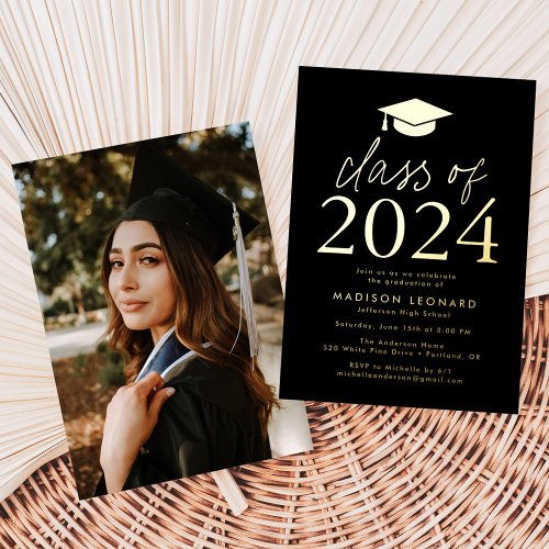 Black and Gold Foil Class of 2024 Graduation Party Foil Invitation