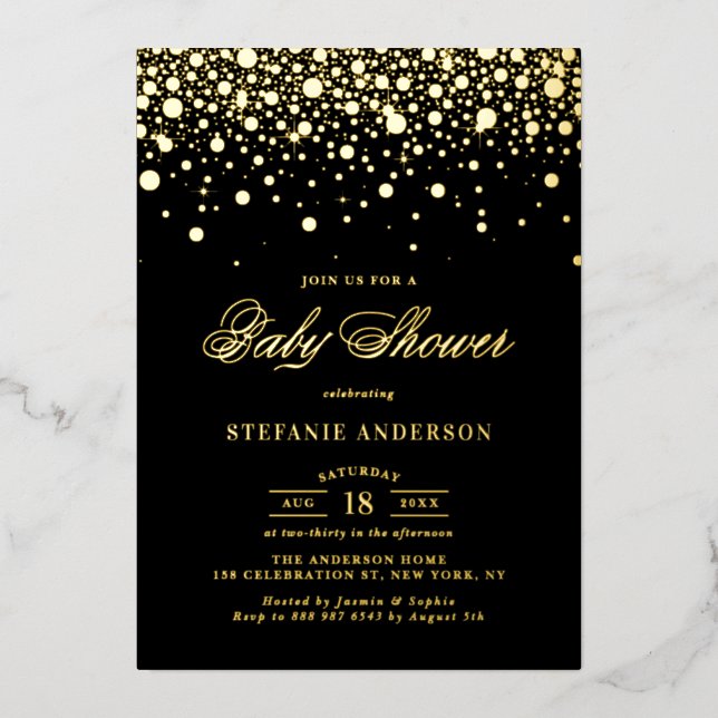 Black and Gold Foil Confetti Dots Baby Shower Foil Invitation (Front)
