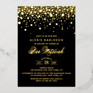 Black and Gold Foil Confetti Dots Bar Mitzvah Invitation