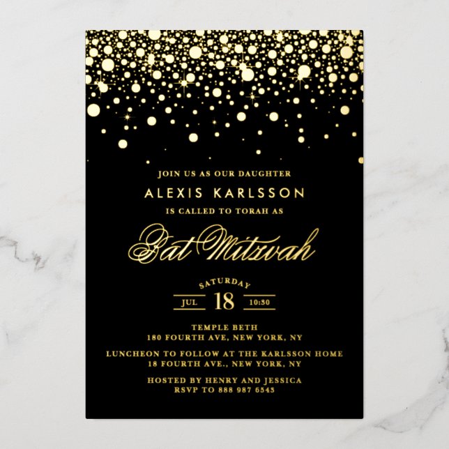 Black and Gold Foil Confetti Dots Bat Mitzvah Foil Invitation (Front)