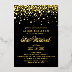 Black and Gold Foil Confetti Dots Bat Mitzvah Invitation