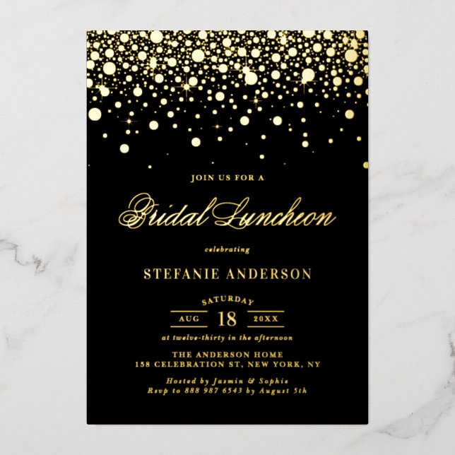 Black and Gold Foil Confetti Dots Bridal Luncheon Invitation (Front)