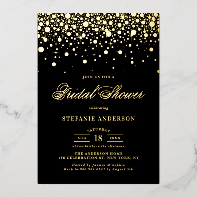 Black and Gold Foil Confetti Dots Bridal Shower Invitation (Front)