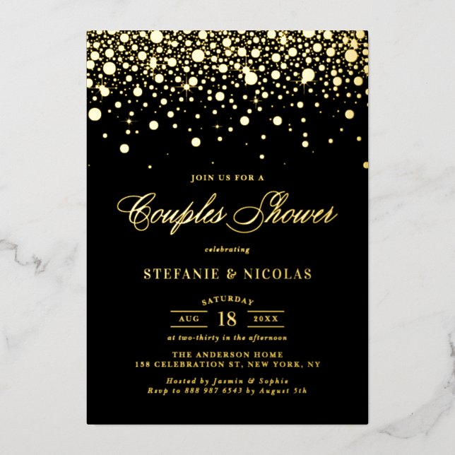 Black and Gold Foil Confetti Dots Couples Shower Foil Invitation (Front)