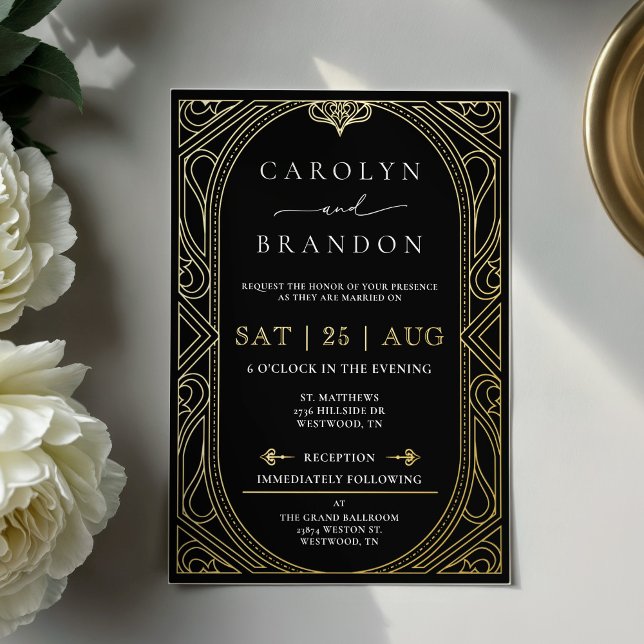 Black and Gold Foil Elegant Art Deco Wedding Foil Invitation (Art Deco real gold foil elegant wedding invitation)