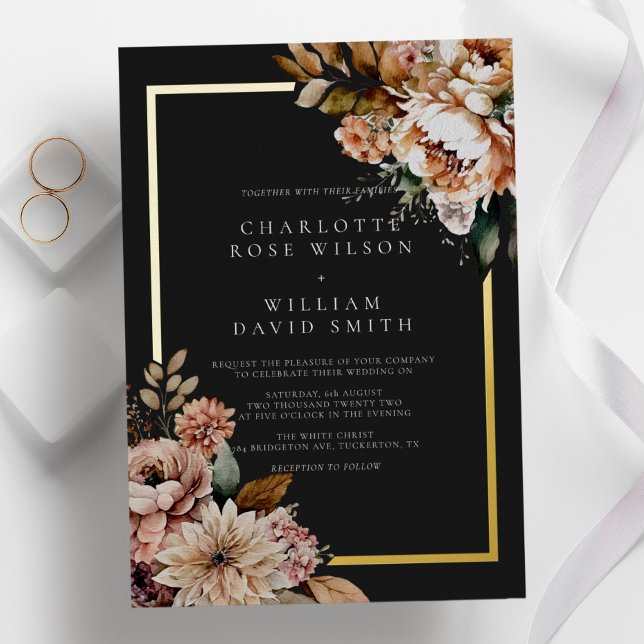 Black and Gold Foil Elegant Flowers Wedding Foil Invitation (Creator Uploaded)
