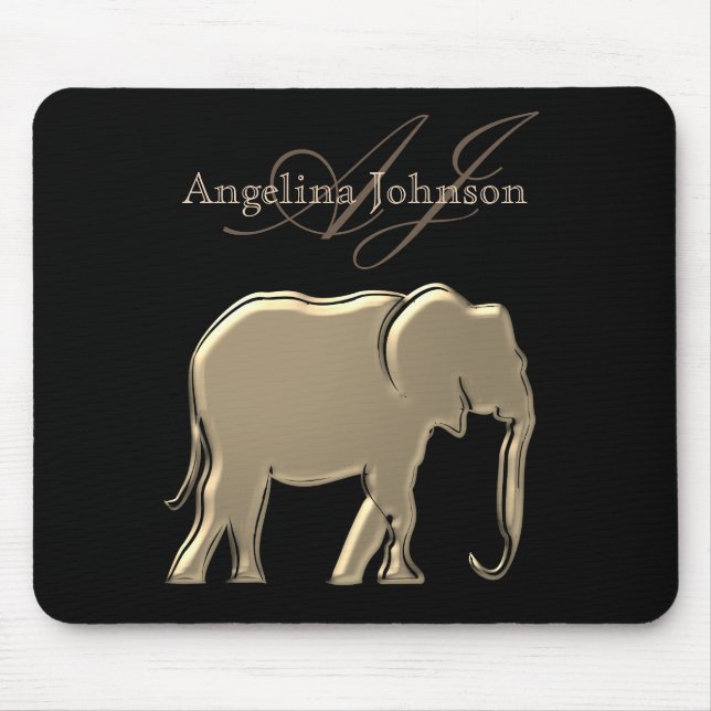 Black and Gold Foil Elephant Modern Monogram Mouse Pad (Front)