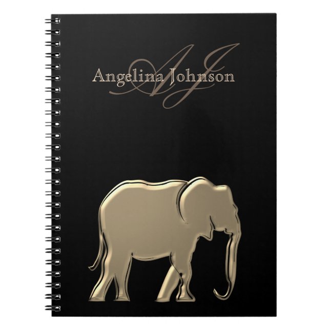 Black and Gold Foil Elephant Modern Monogrammed Notebook (Front)