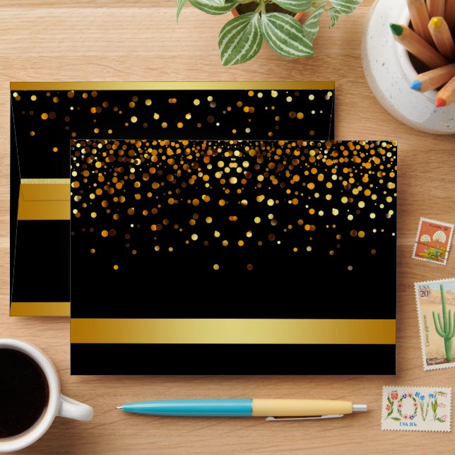 Black and Gold Foil Faux Glitter Metal  Wedding Envelope (Desk)