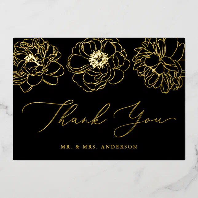 Black and Gold Foil Floral Wedding Thank You Card | Zazzle