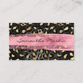Black and Gold Foil Leopard Pink Brush Stroke Business Card (Front)