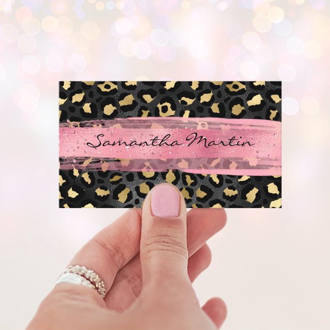 Black and Gold Foil Leopard Pink Brush Stroke Business Card