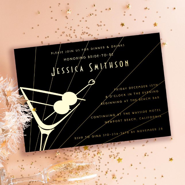Black and Gold Foil Martini Bachelorette Party Foil Invitation (Creator Uploaded)