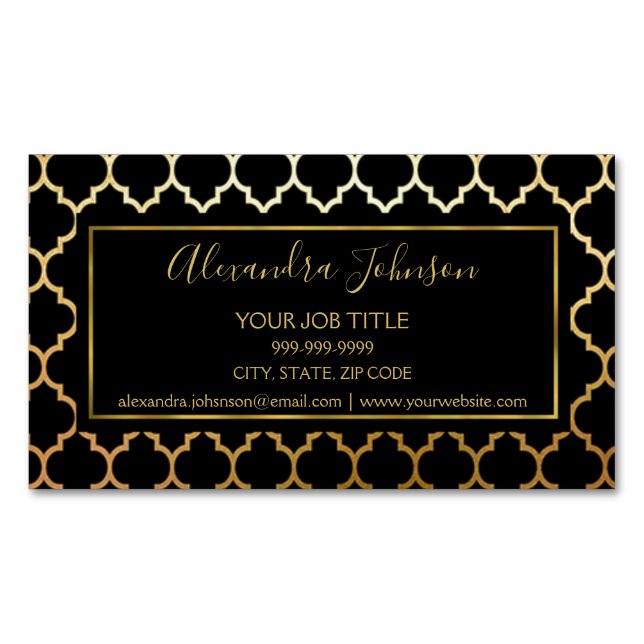 Black and Gold Foil Modern Art Deco Pattern Business Card Magnet (Front)