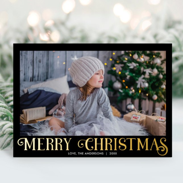 Black and Gold Foil Modern Merry Christmas photo Foil Holiday Card (Creator Uploaded)