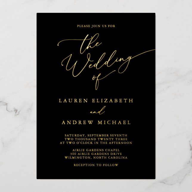 Black and Gold Foil Monogram Minimalist Wedding Foil Invitation (Front)