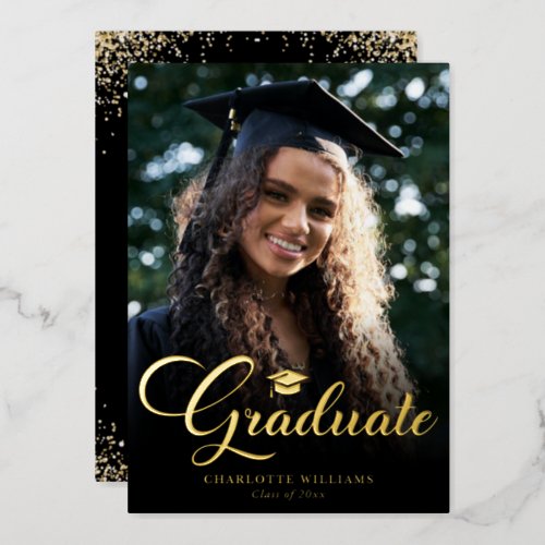 Black and Gold Foil Photo Graduation Party Foil Invitation