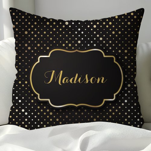 Black and Gold Foil Polka Dot Confetti Monogram Throw Pillow