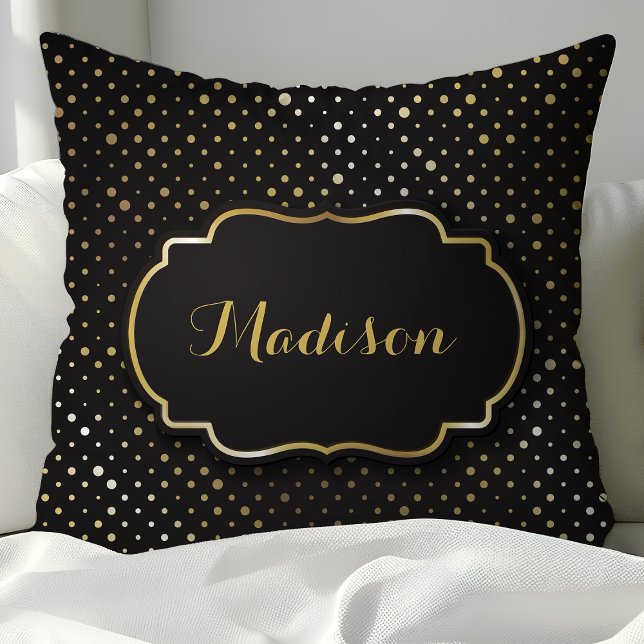 Black and Gold Foil Polka Dot Confetti Monogram Throw Pillow (Creator Uploaded)