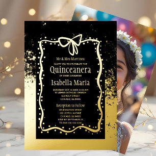 Black and Gold Foil Quinceañera Invitation Bow
